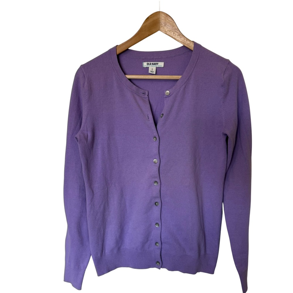 Old Navy Cardigan Women Small Purple Good Cotton Blend Button‎ Front Crew Neck